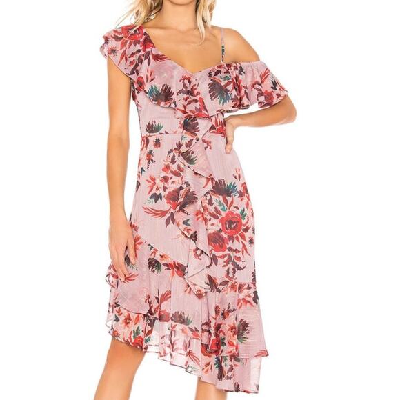 LOVERS and FRIENDS NWT Stacy Holiday Floral Ruffle Asymmetrical Midi Dress - Picture 1 of 9